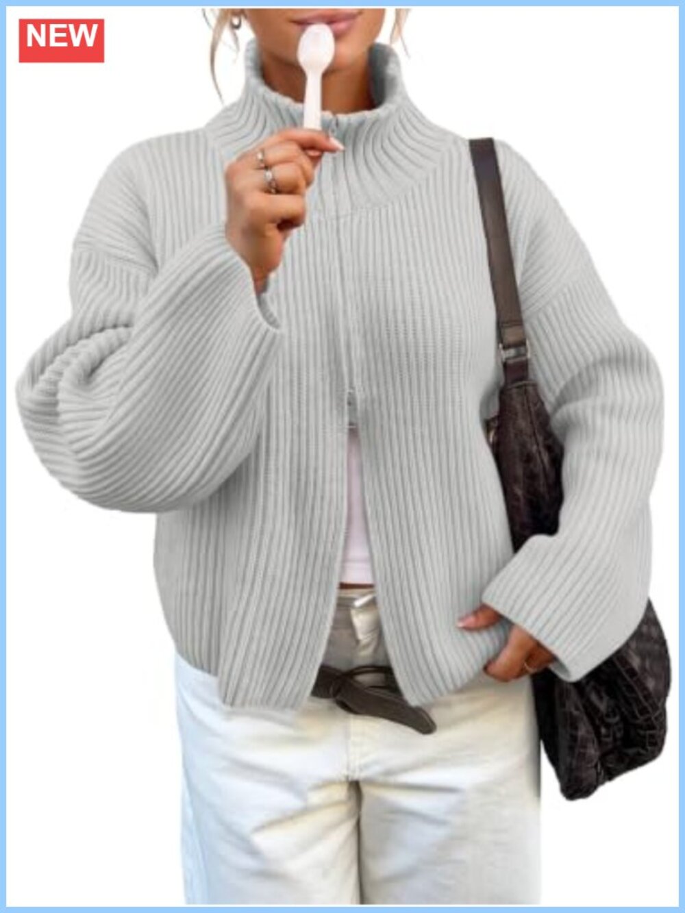 Chunky Ribbed Knit Zip Up Cardigan Mock Neck Sweater Jacket